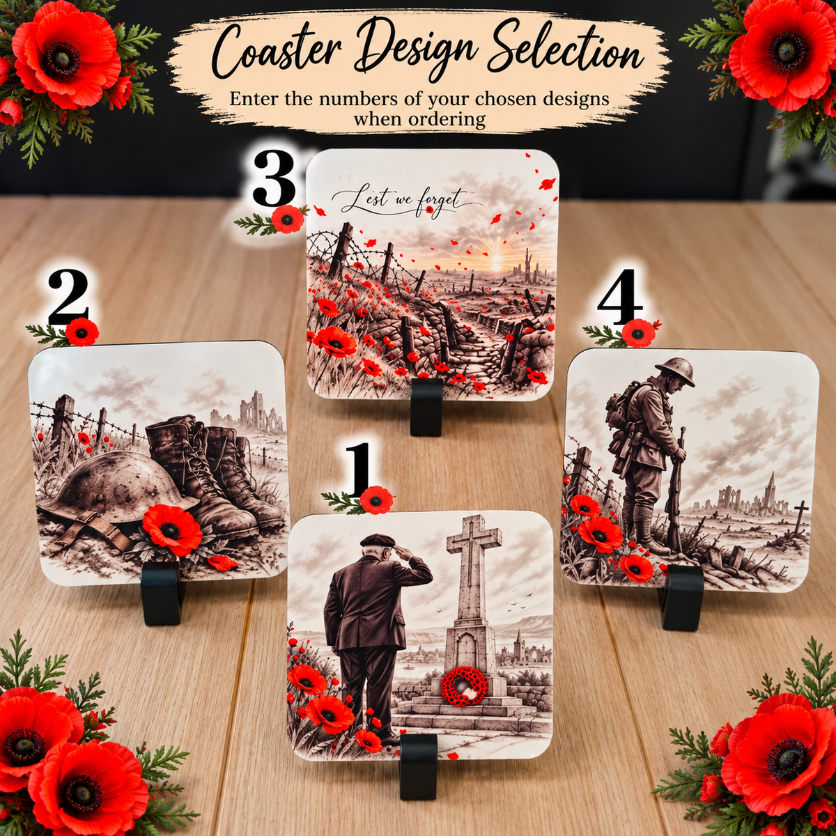Remembrance Day Coasters | Singles, Sets of 2 or 4 | Matching Mug & Coaster Gift Sets | British Army Poppy Memorial