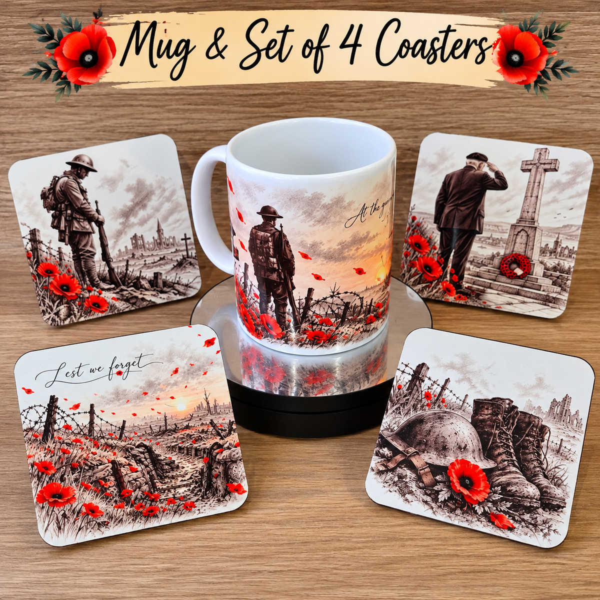 Remembrance Day Coasters | Singles, Sets of 2 or 4 | Matching Mug & Coaster Gift Sets | British Army Poppy Memorial