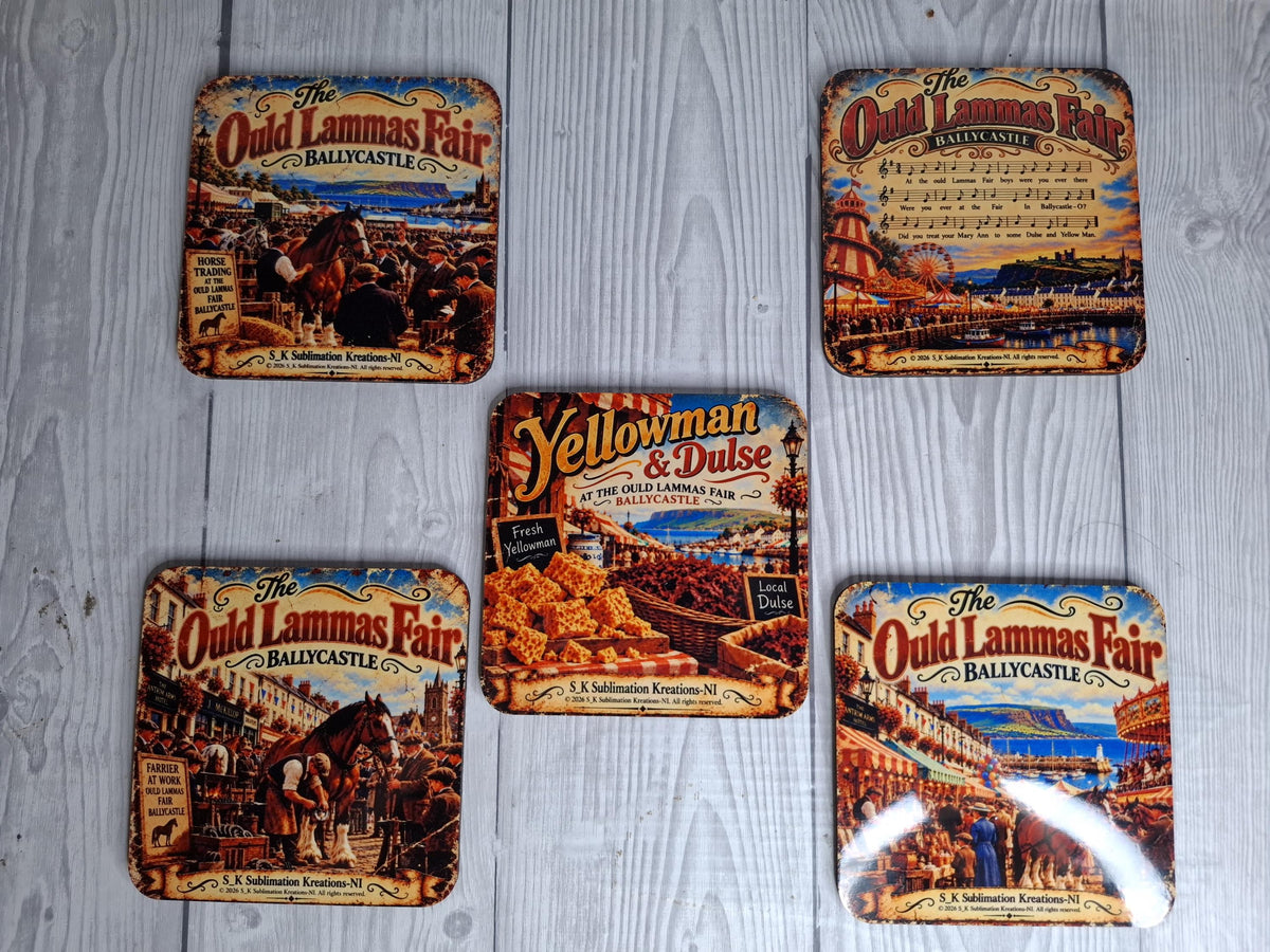 The Ould Lammas Fair Ballycastle Coasters | Set of 5 | Vintage Northern Ireland Gifts | Irish Heritage Souvenir