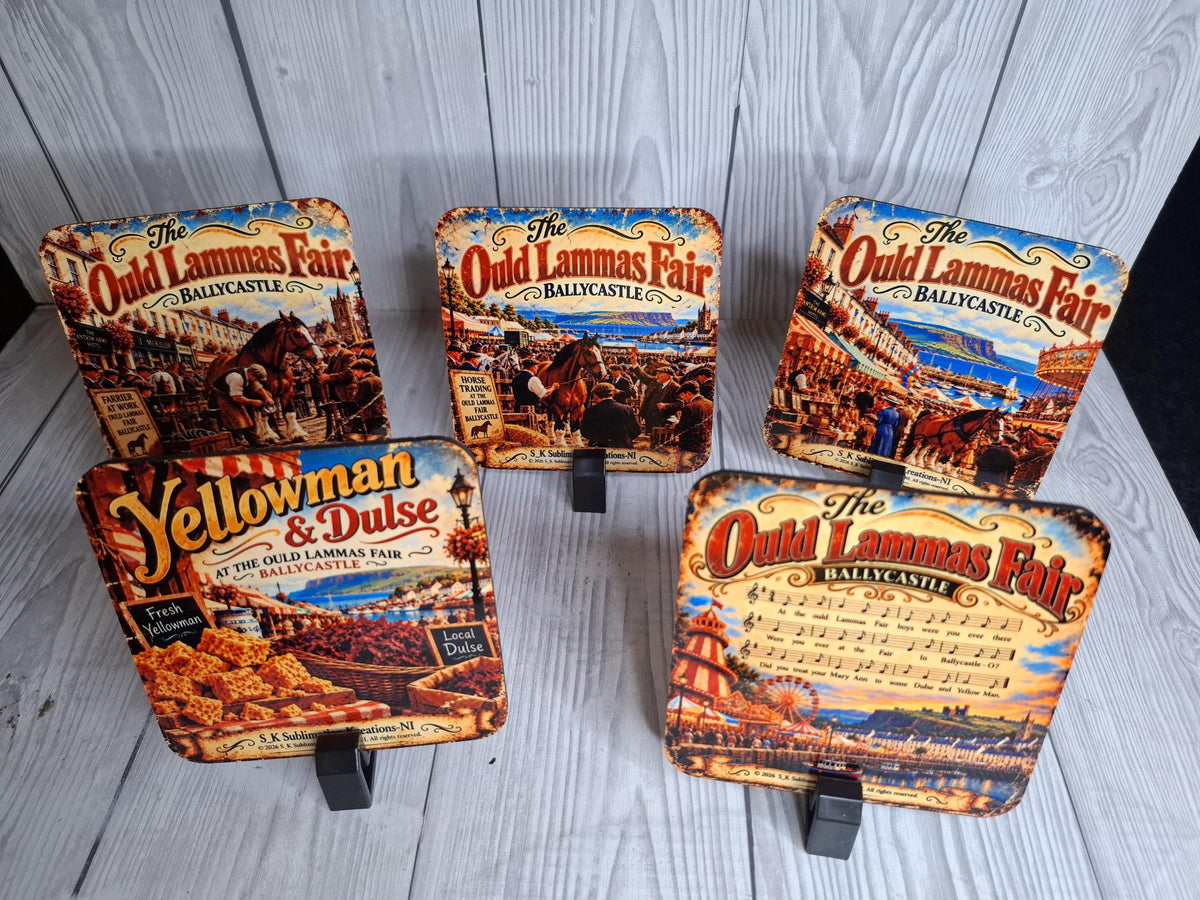 The Ould Lammas Fair Ballycastle Coasters | Set of 5 | Vintage Northern Ireland Gifts | Irish Heritage Souvenir