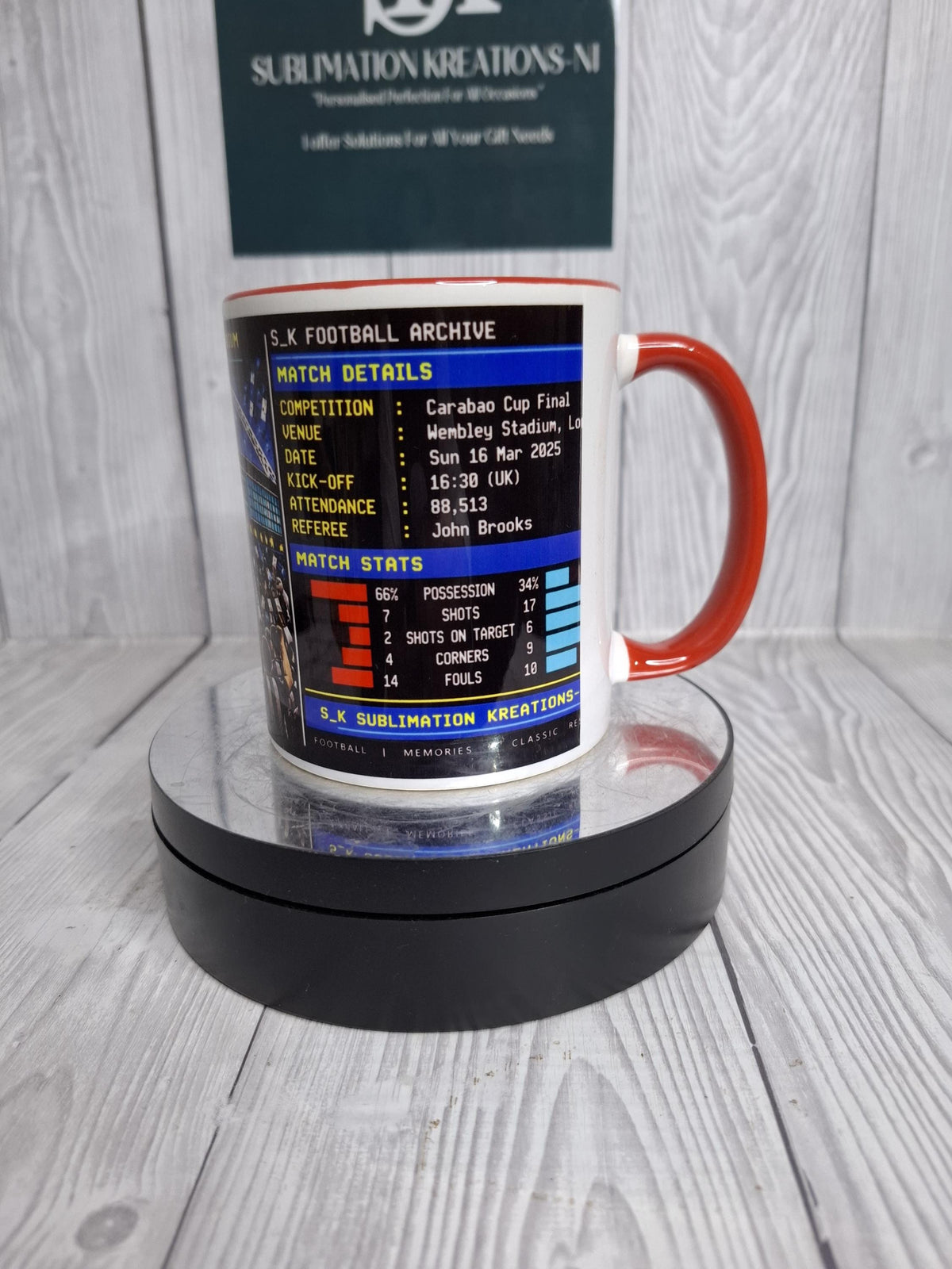 Newcastle United 2025 Cup Final Mug, Retro Scoreboard Design, Red Handle Ceramic
