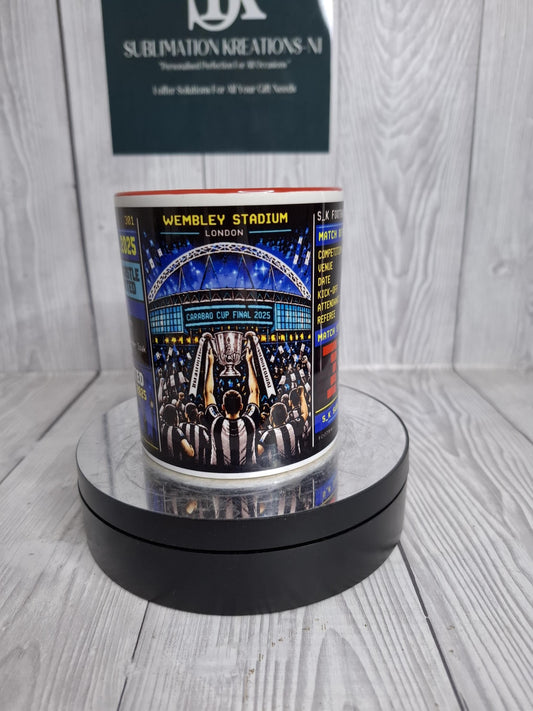 Newcastle United 2025 Cup Final Mug, Retro Scoreboard Design, Red Handle Ceramic