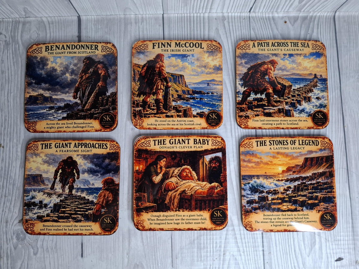 Giant's Causeway Coasters Set of 6 – Finn McCool Legend – Northern Ireland Gift – Cork Backed