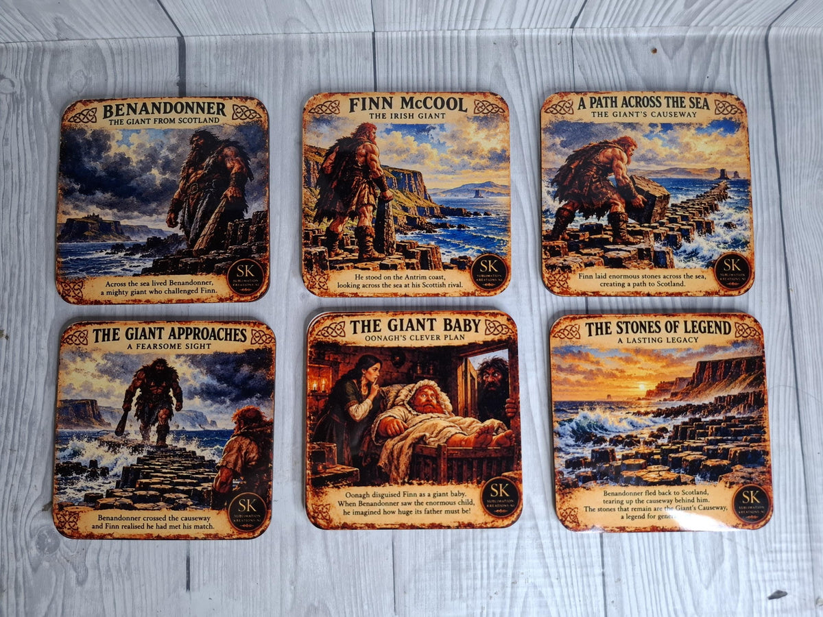 Giant's Causeway Coasters Set of 6 – Finn McCool Legend – Northern Ireland Gift – Cork Backed
